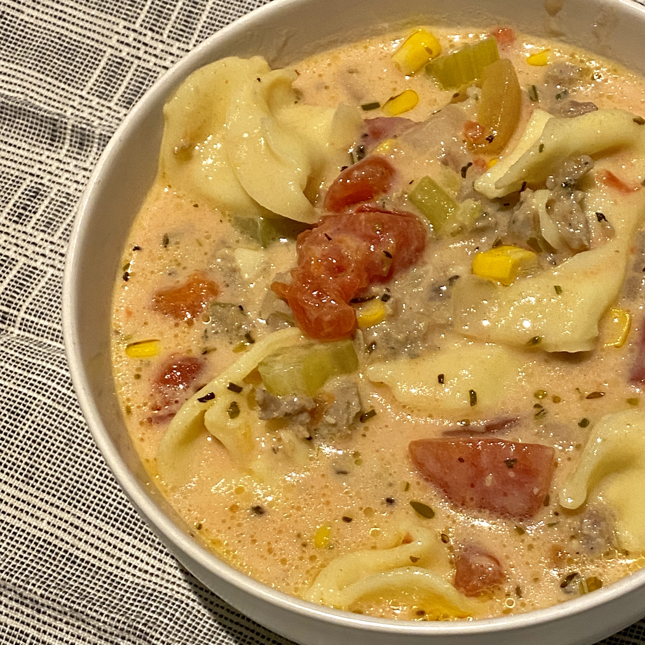 Sausage tortellini soup bowl